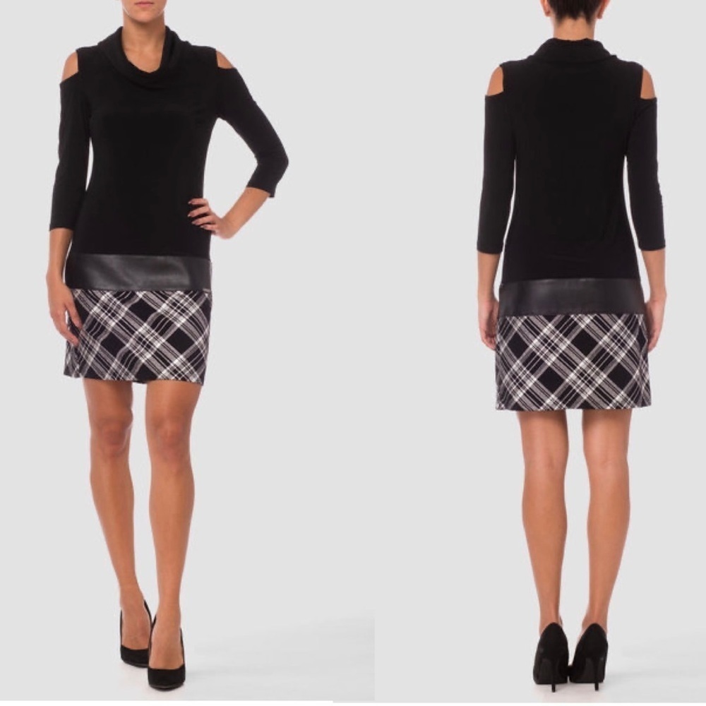 JOSEPH Ribkoff black silver faux leather cutout plaid check dress Sz 12